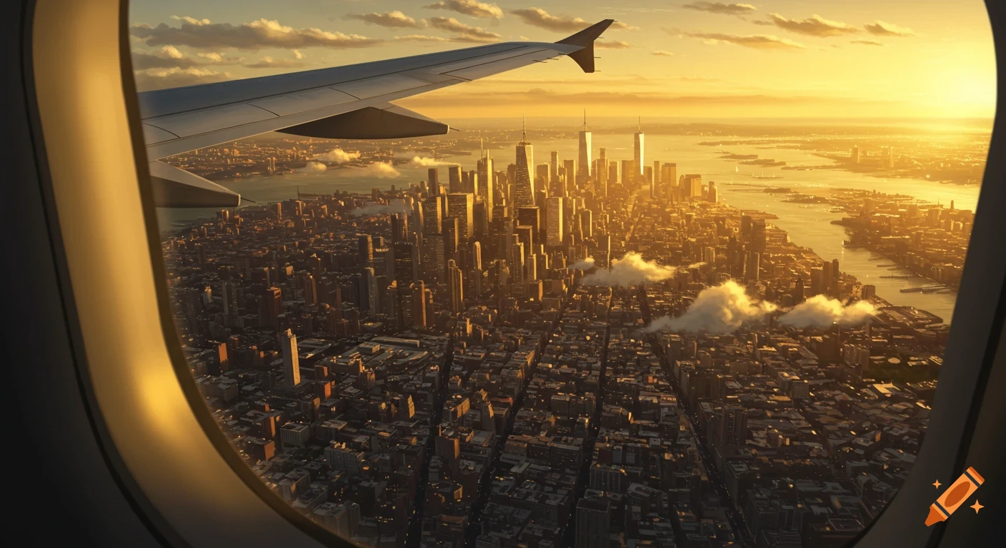 Aerial view of a city skyline at golden hour, seen from an airplane window with part of the wing visible.