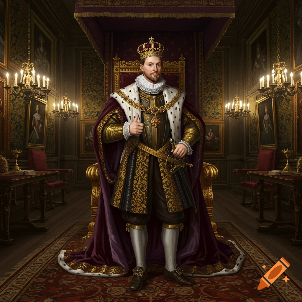 Realistic portrait of King James I in a grand royal hall, wearing regal robes and a crown, giving a thumbs-up.