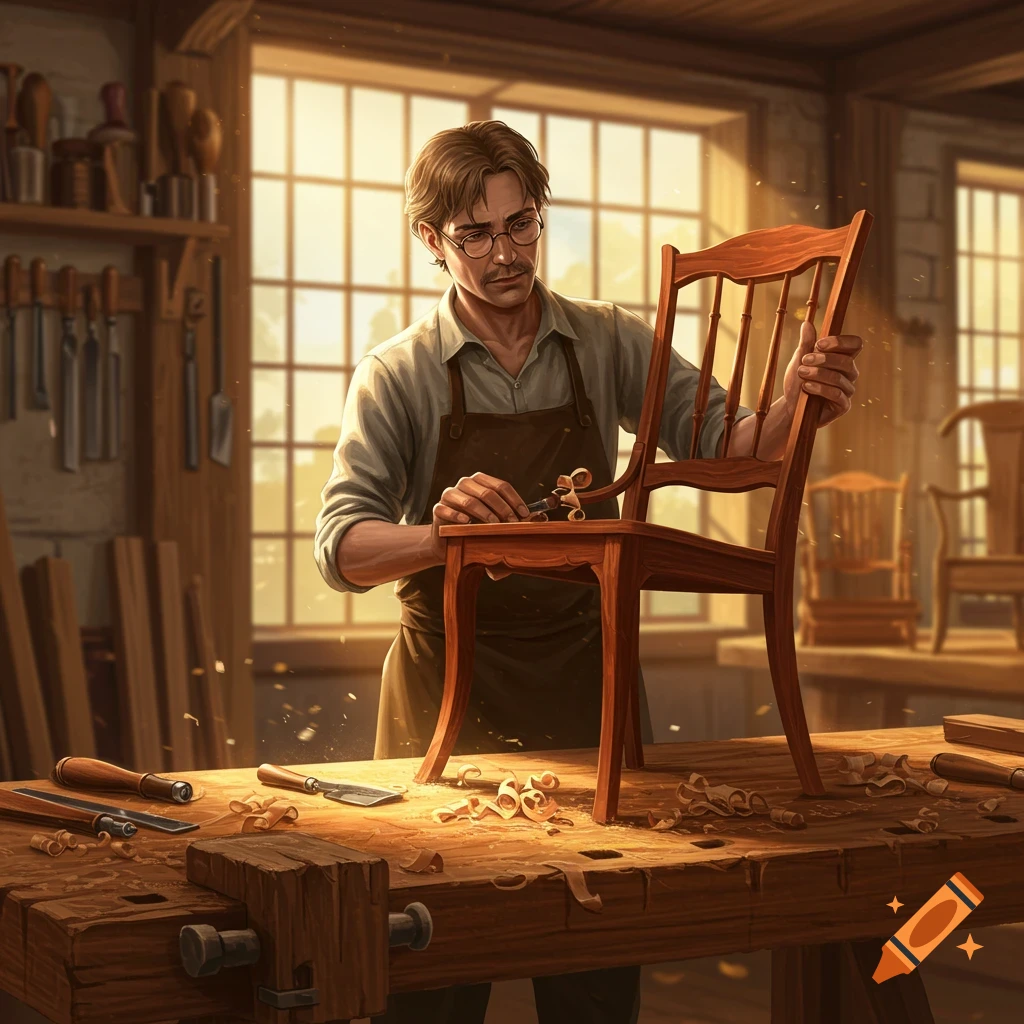 A craftsman in an apron and glasses carves a wooden chair in a sunlit workshop, surrounded by tools and wood shavings.