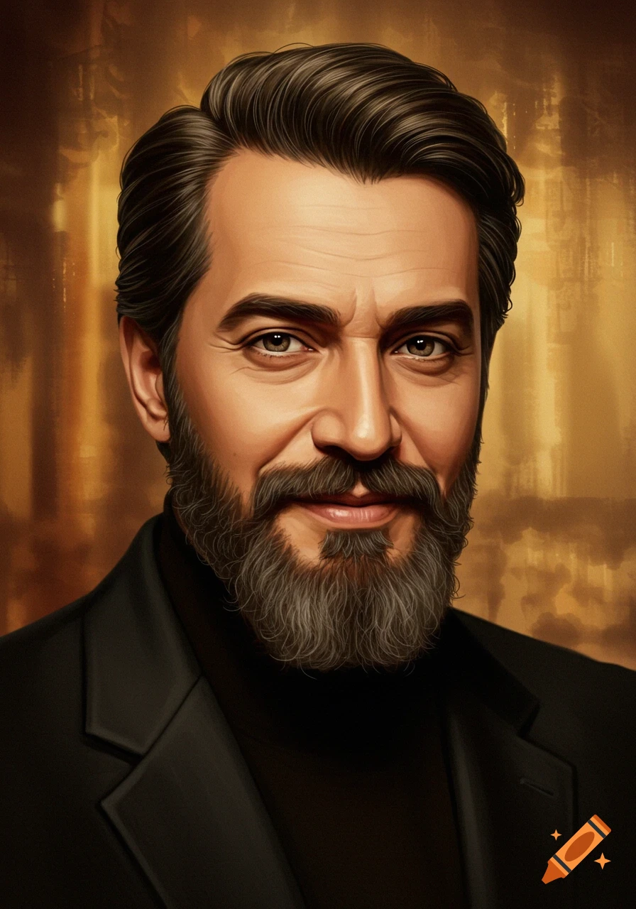 Close-up digital portrait of a distinguished man with dark hair, a grey beard, and a mustache, wearing a black turtleneck and jacket, against a golden textured background.