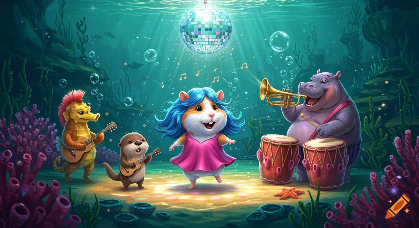 A whimsical underwater disco party with a blue-haired hamster dancing, a seahorse and otter playing guitars, and a hippo playing drums and trumpet under a disco ball.