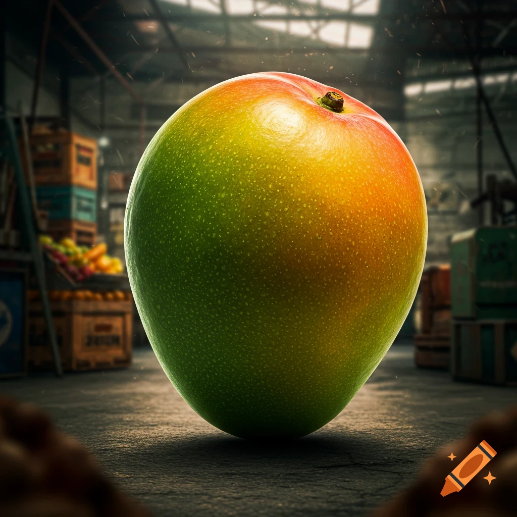 A large, colorful mango stands on a concrete floor in a dark, gritty warehouse, photorealistic.