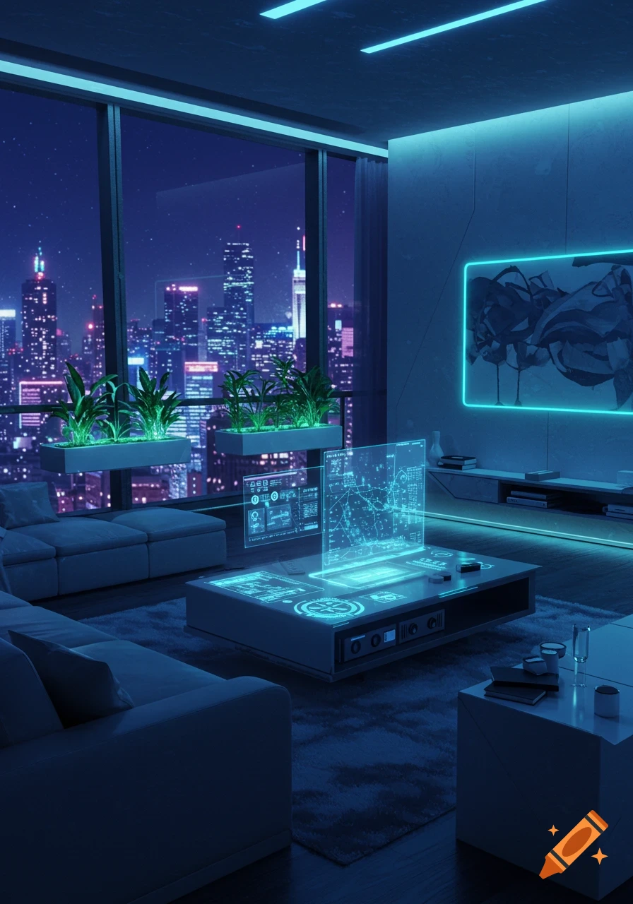 Futuristic living room at night with neon blue lighting, holographic displays, and a city skyline view from large windows.