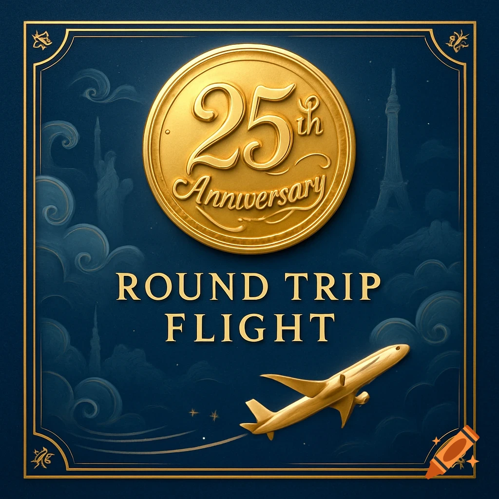 Blue and gold graphic with a '25th Anniversary' coin, a flying airplane, and 'ROUND TRIP FLIGHT' text, featuring subtle global landmarks.