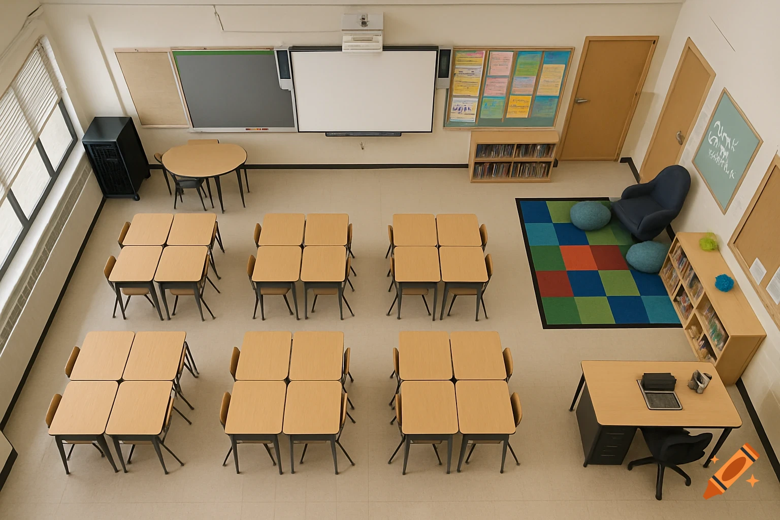 An aerial view of an empty classroom featuring rows of wooden desks, a whiteboard, bulletin boards, windows, and a colorful rug.