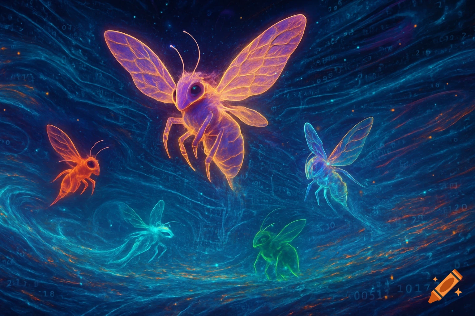Five glowing, ethereal insect-like creatures, resembling bees or moths, float in a dark blue, abstract digital data stream.