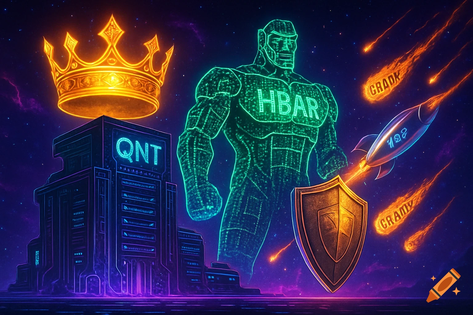 A vibrant neon cyberpunk scene in space with a golden crown above a 'QNT' building, a holographic 'HBAR' giant, a rocket, and meteors.