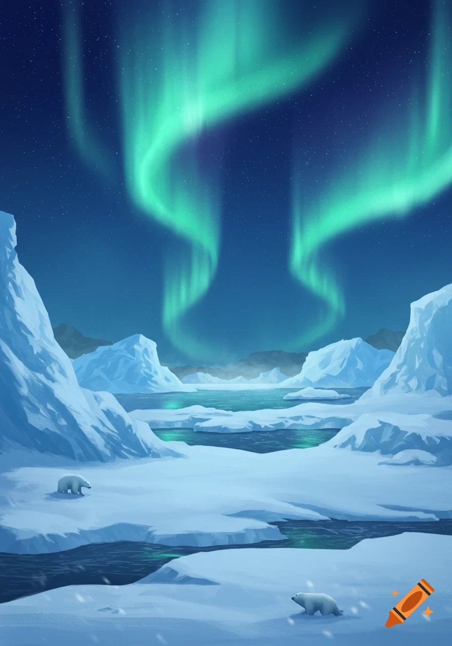Stylized illustration of an arctic landscape at night with vibrant green aurora borealis, icy water, and two polar bears.