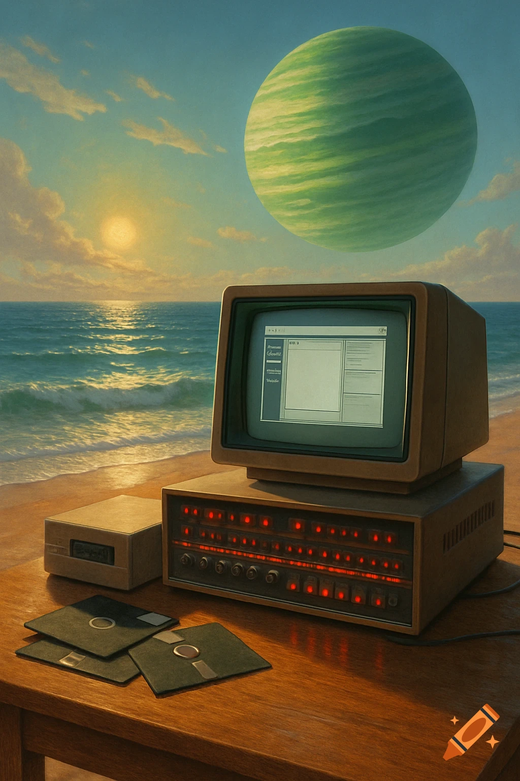 Retro computer and floppy disks on a beach desk at sunset, with a green gas giant planet in the sky.