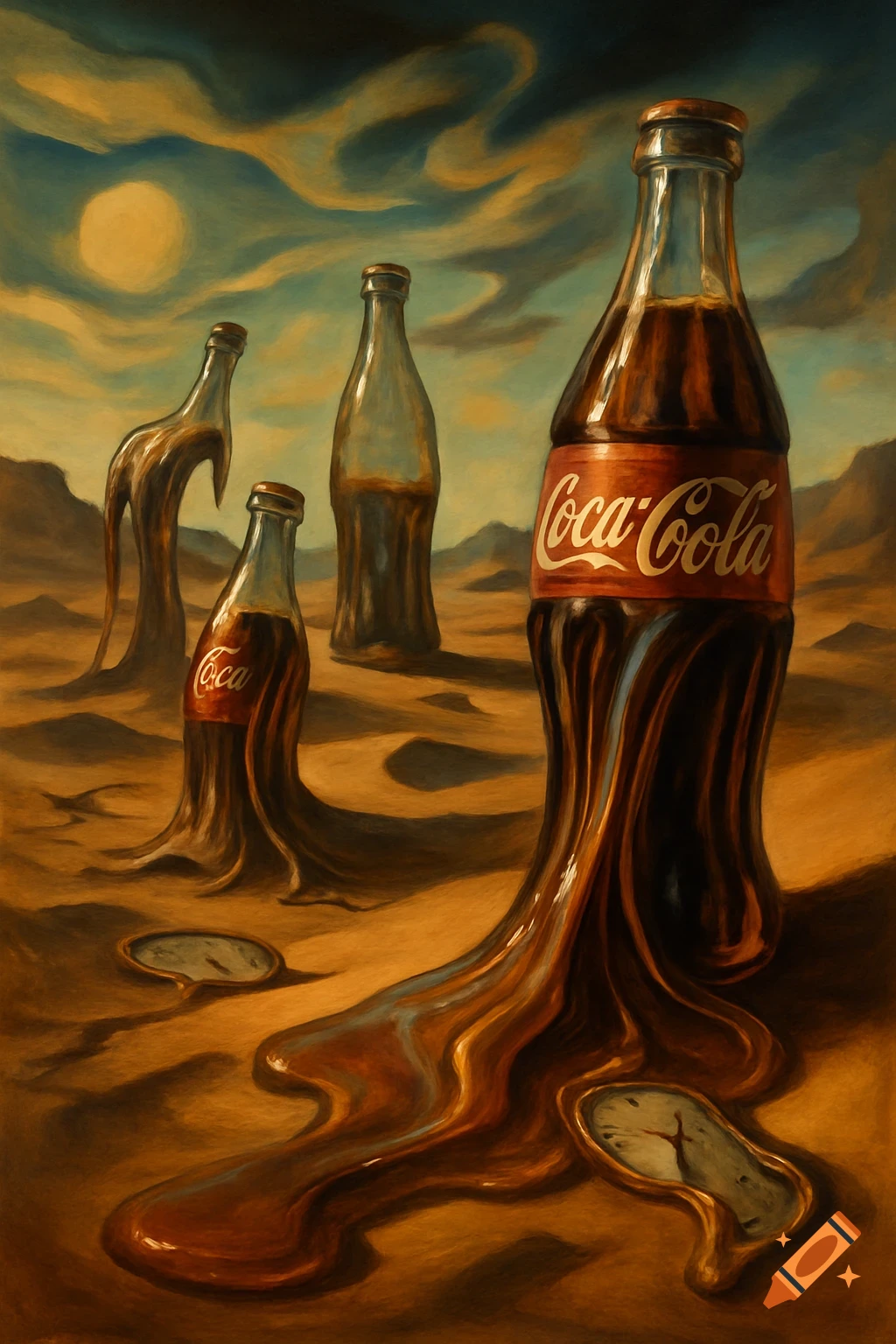 Surreal painting of Coca-Cola bottles melting into the desert sand, with melting clocks, under a pale sun.