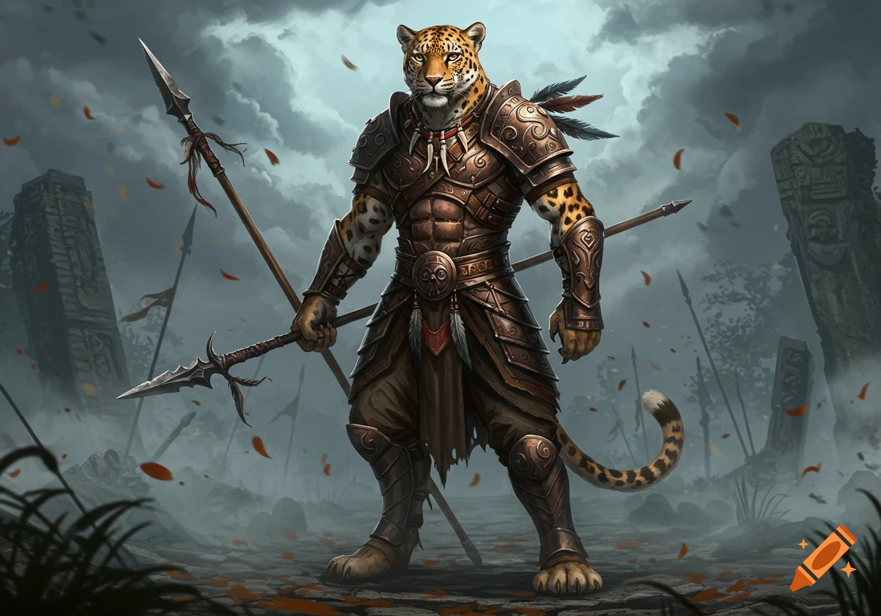 A majestic anthro leopard warrior in ornate bronze armor stands in a desolate, foggy landscape, holding two spears.