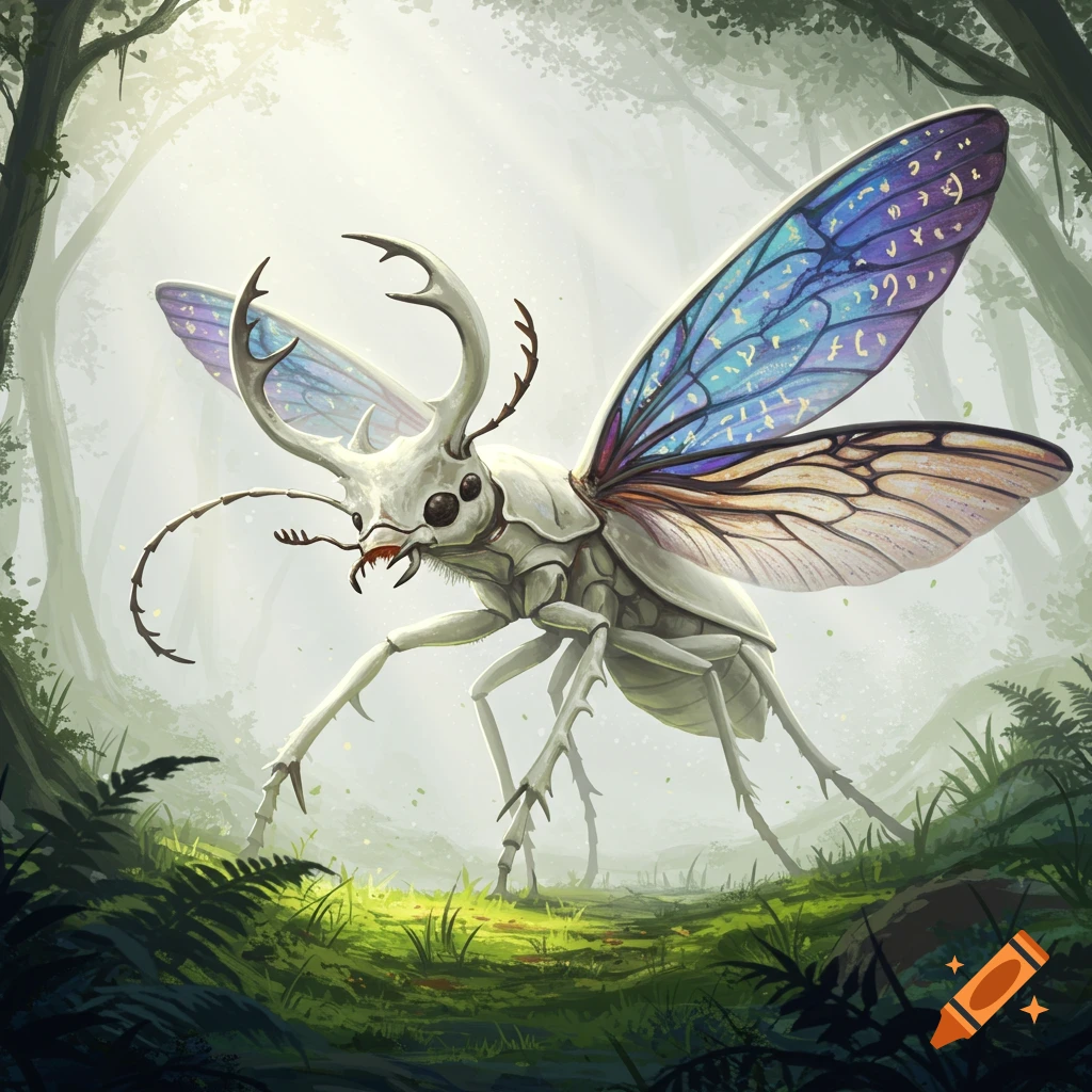 A giant white insect, part stag beetle, part ant, with large blue and purple patterned wings and horns, stands in a mystical forest.