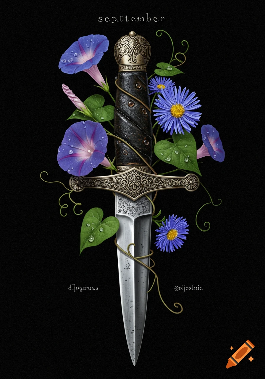 An ornate dagger with a black handle and decorative hilt, wrapped in green vines with blue and purple flowers and water droplets, on a black background.