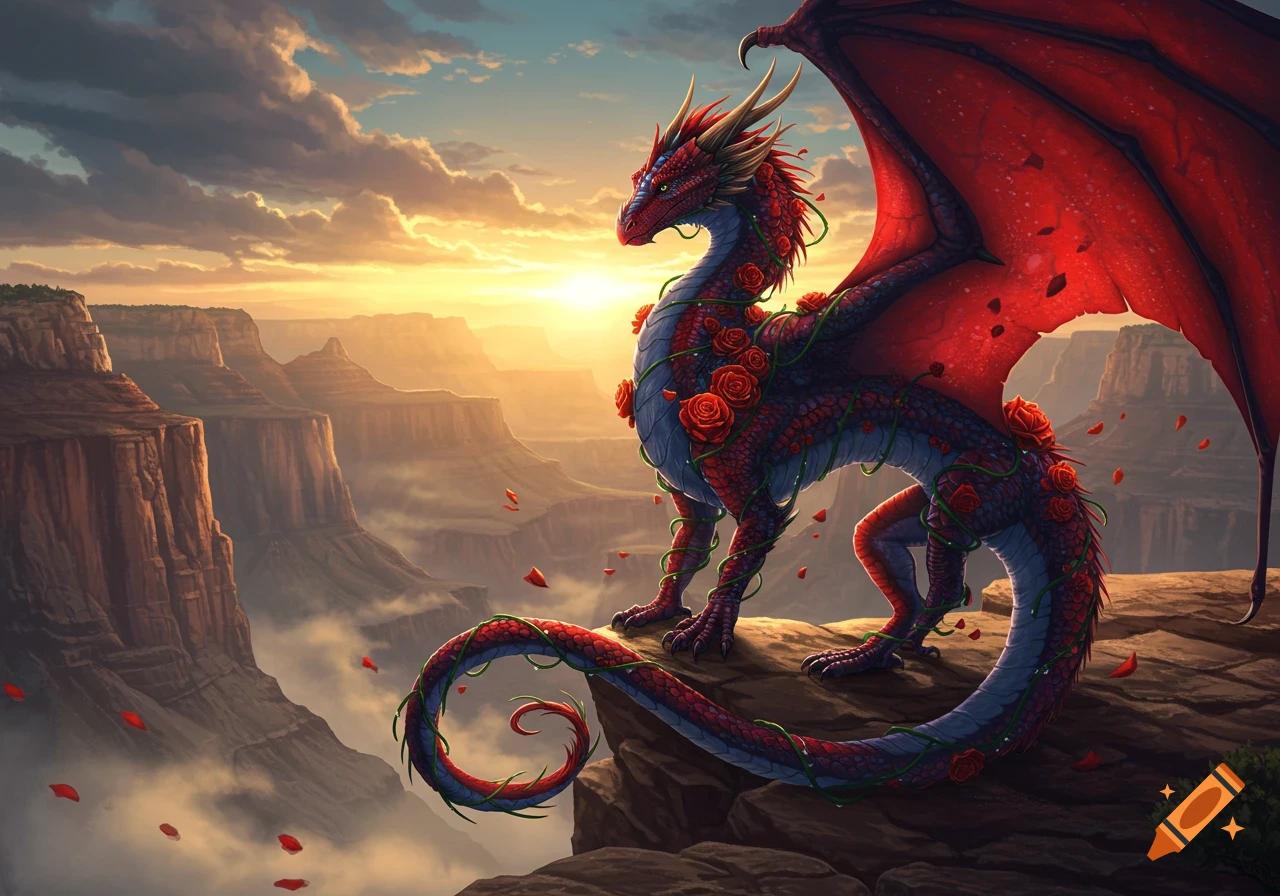 A majestic red and blue dragon, adorned with red roses, stands on a cliff overlooking a vast canyon at sunset. Fantasy art style.