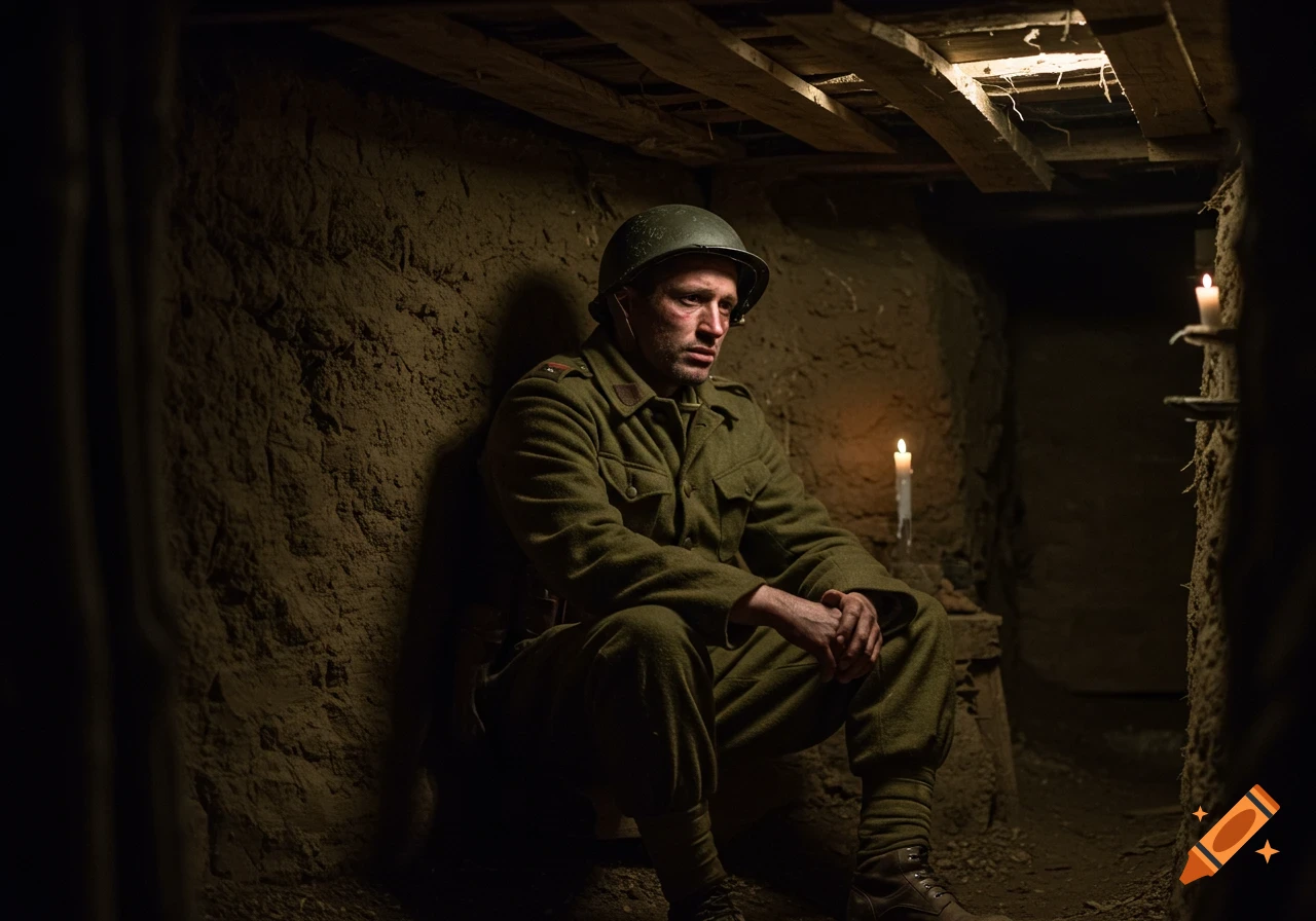 A photorealistic image of an exhausted soldier sitting alone in a dimly lit dugout, looking contemplative.