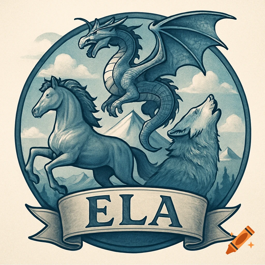 Blue monochrome circular logo with a horse, a dragon, and a howling wolf, mountains in the background, and 'ELA' on a banner.
