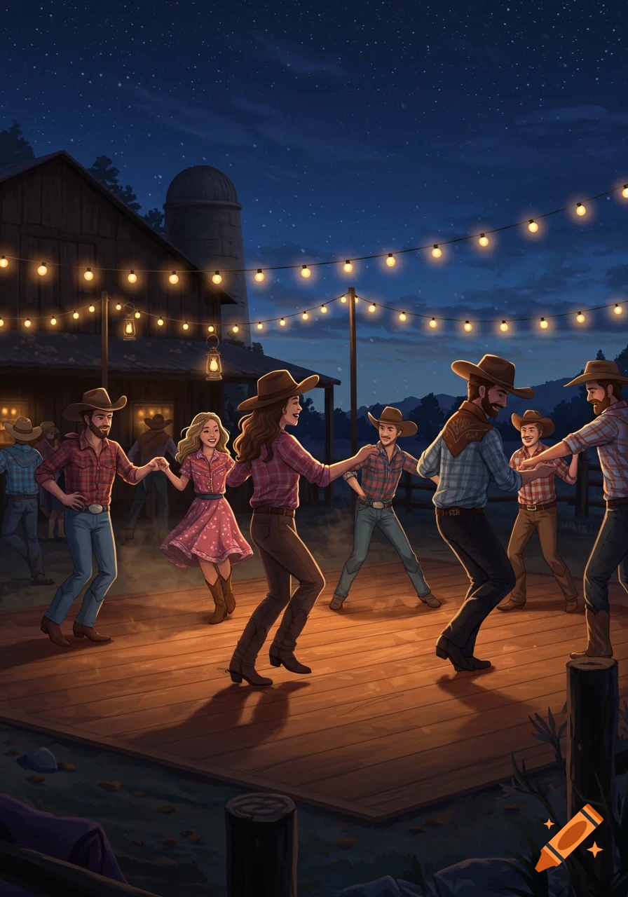 Illustrated scene of people line dancing at an outdoor barn party at night, lit by string lights under a starry sky.
