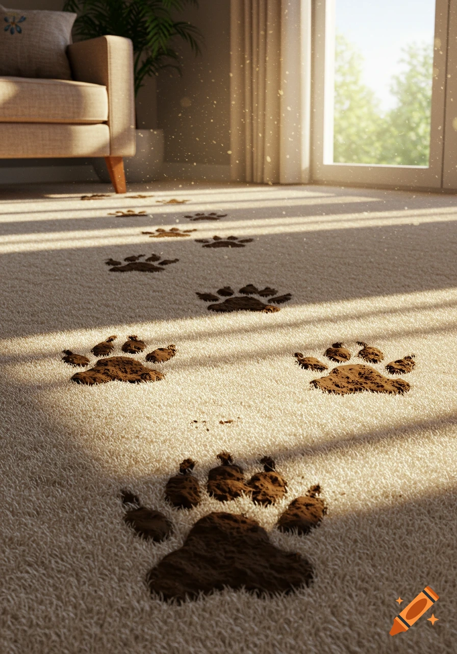 Muddy paw prints trail across a light-colored carpet in a sunlit room, with a couch and window visible in the background.