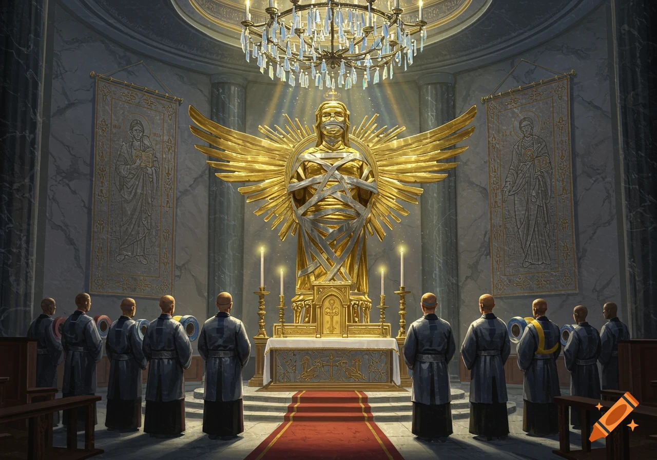 A grand temple interior with robed figures worshipping a golden, winged statue wrapped in silver tape, lit by a chandelier.