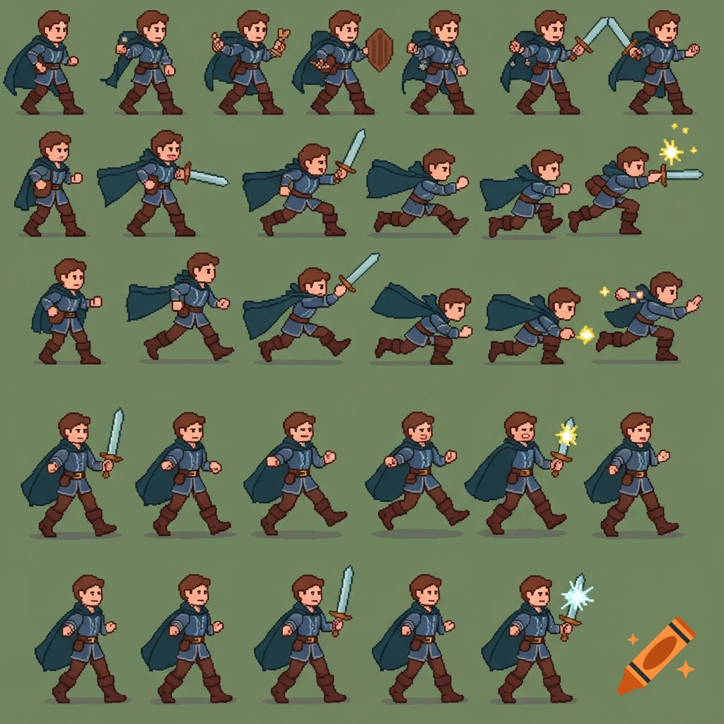 Pixel art sprite sheet of a male fantasy character in a blue tunic and cape performing various actions like walking, running, and sword fighting.