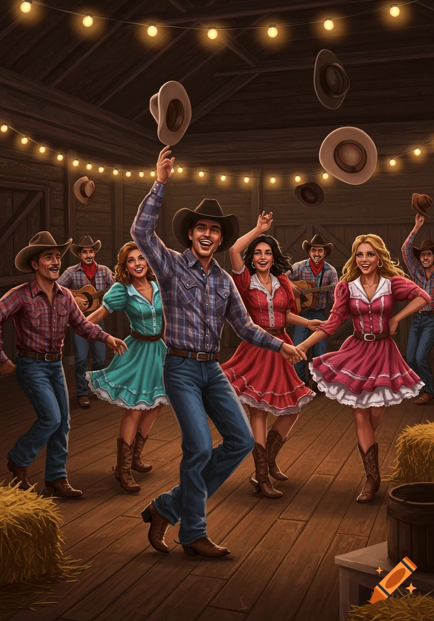 A group of happy cowboys and cowgirls line dancing in a barn with string lights, hay bales, and flying hats.