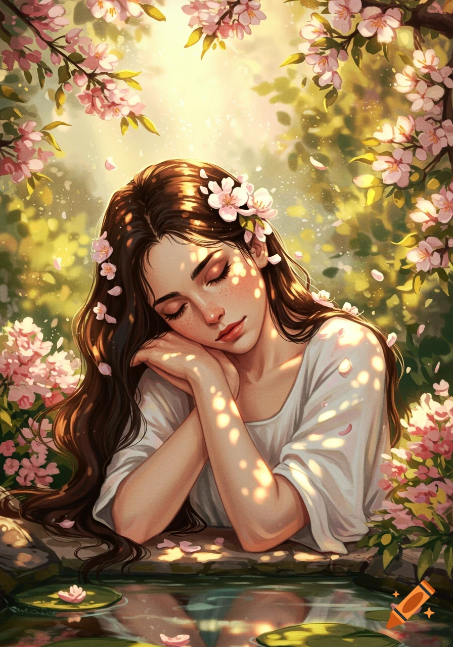 Illustrative portrait of a serene young woman with closed eyes, dark hair with pink blossoms, resting by a pond under dappled sunlight and cherry trees.