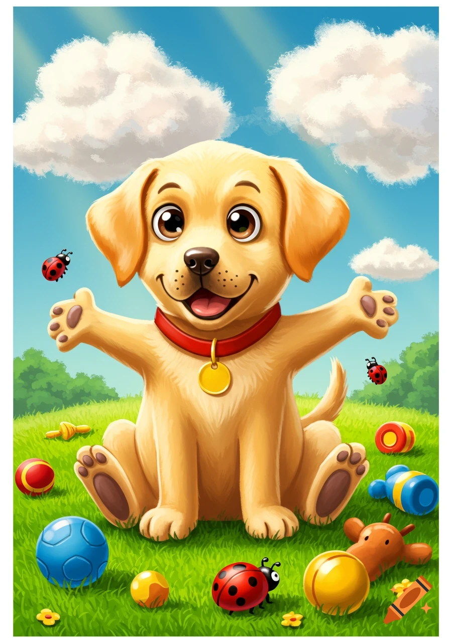 A cheerful cartoon yellow labrador puppy sits in a grassy field surrounded by colorful toys and ladybugs under a blue sky.
