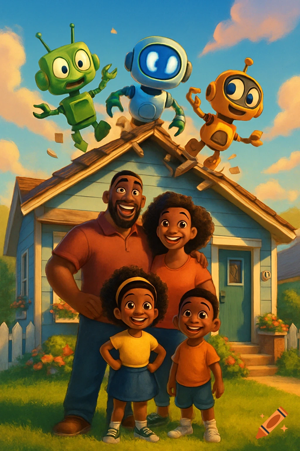 A smiling Black family stands on a lawn in front of a house, while three friendly robots burst through the roof in a colorful Pixar-style illustration.