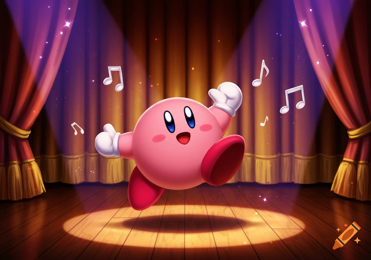 Vibrant cartoon of pink Kirby dancing on a dark wood stage with red/gold curtains, musical notes, and dramatic spotlight.