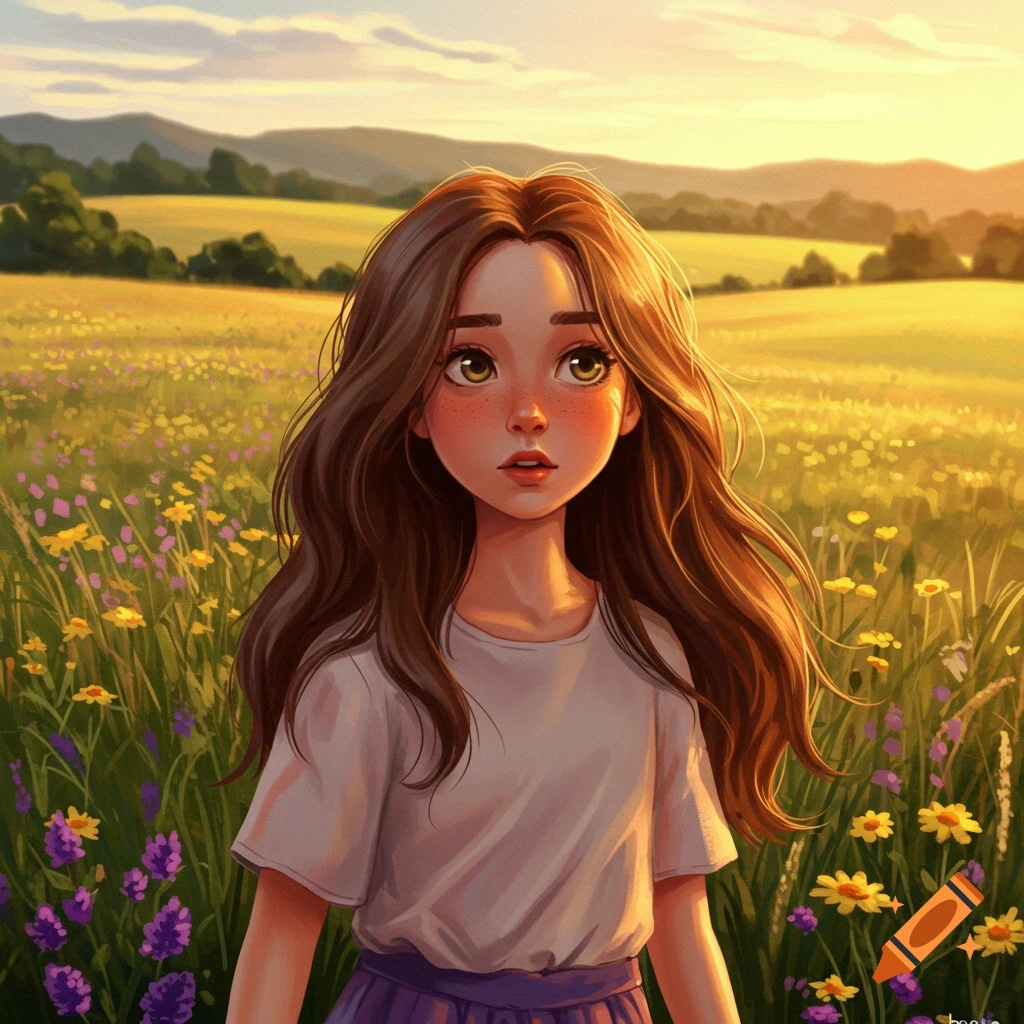 A stylized illustration of a wide-eyed girl with long brown hair and freckles standing in a field of wildflowers at sunset.