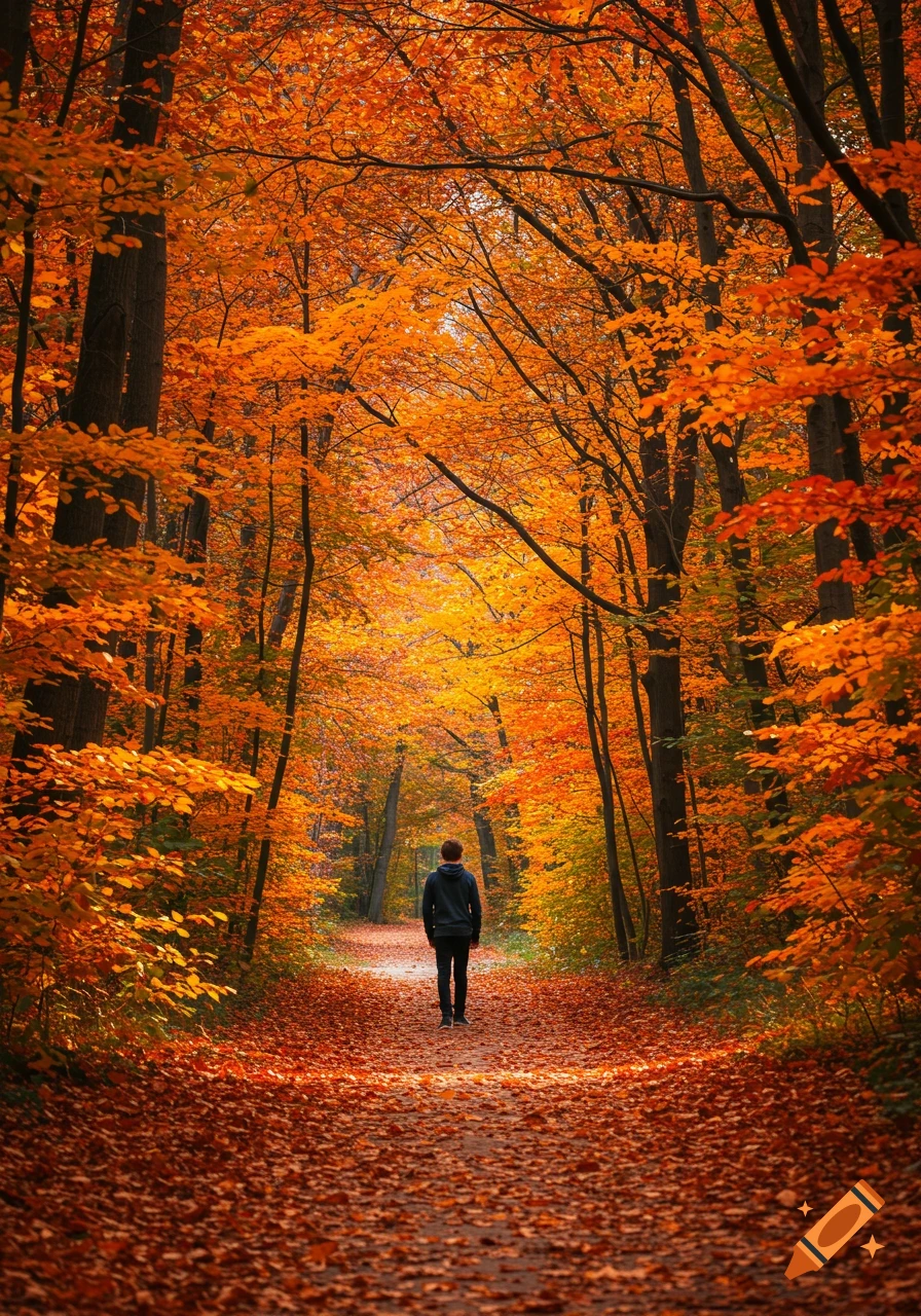 A person walks on a leaf-strewn path through a vibrant orange, red, and yellow autumn forest, photorealistic style.