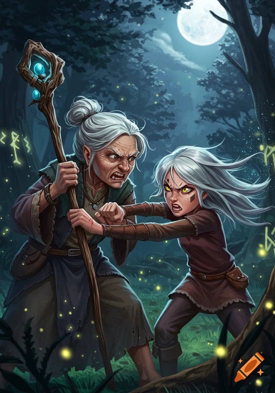 Stylized illustration of an angry old witch with a staff and a fierce young girl with yellow eyes struggling in a dark, moonlit forest.