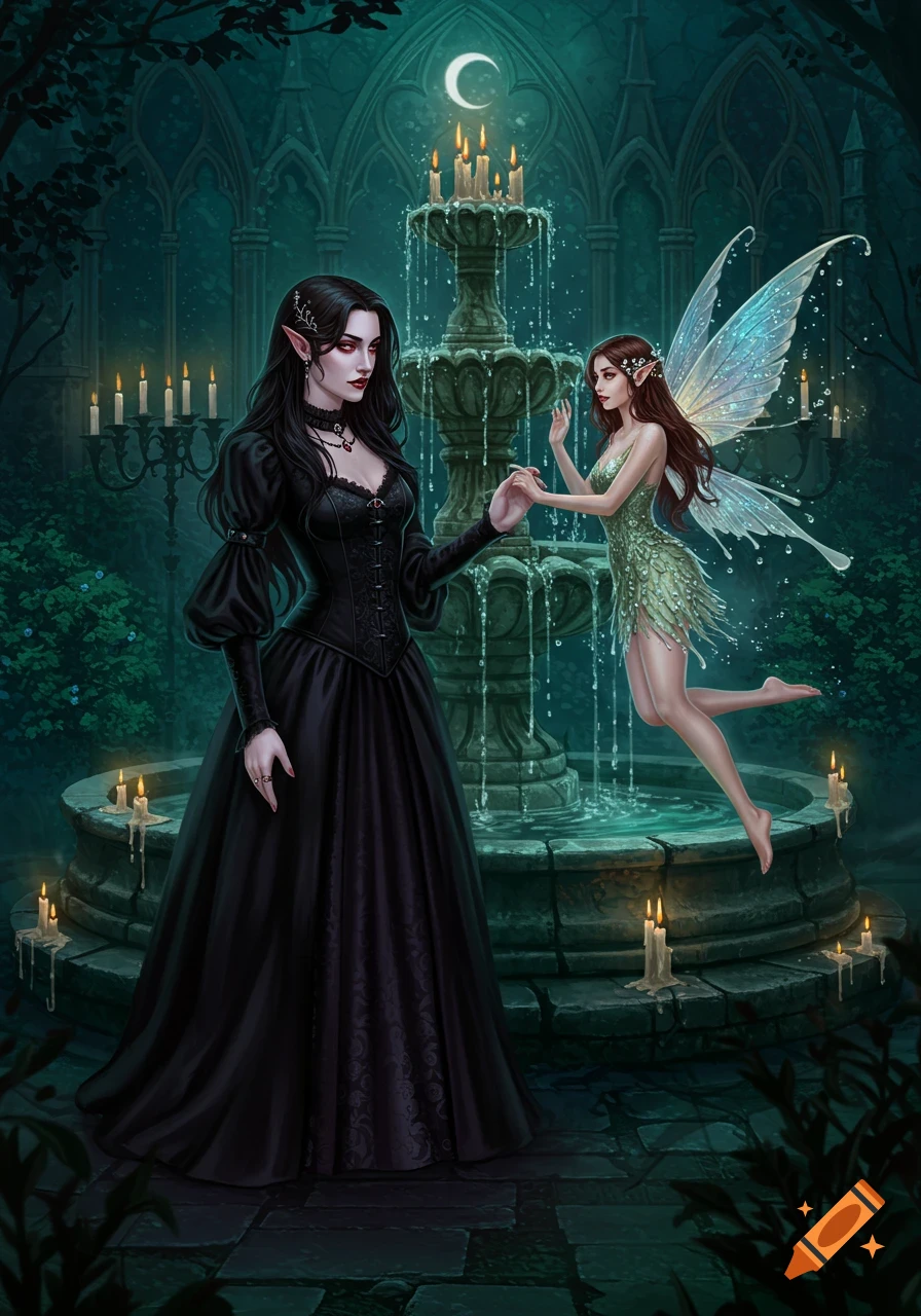 An illustration of a gothic vampire woman and a fairy sprite holding hands by a candlelit fountain in a dark, moonlit garden.