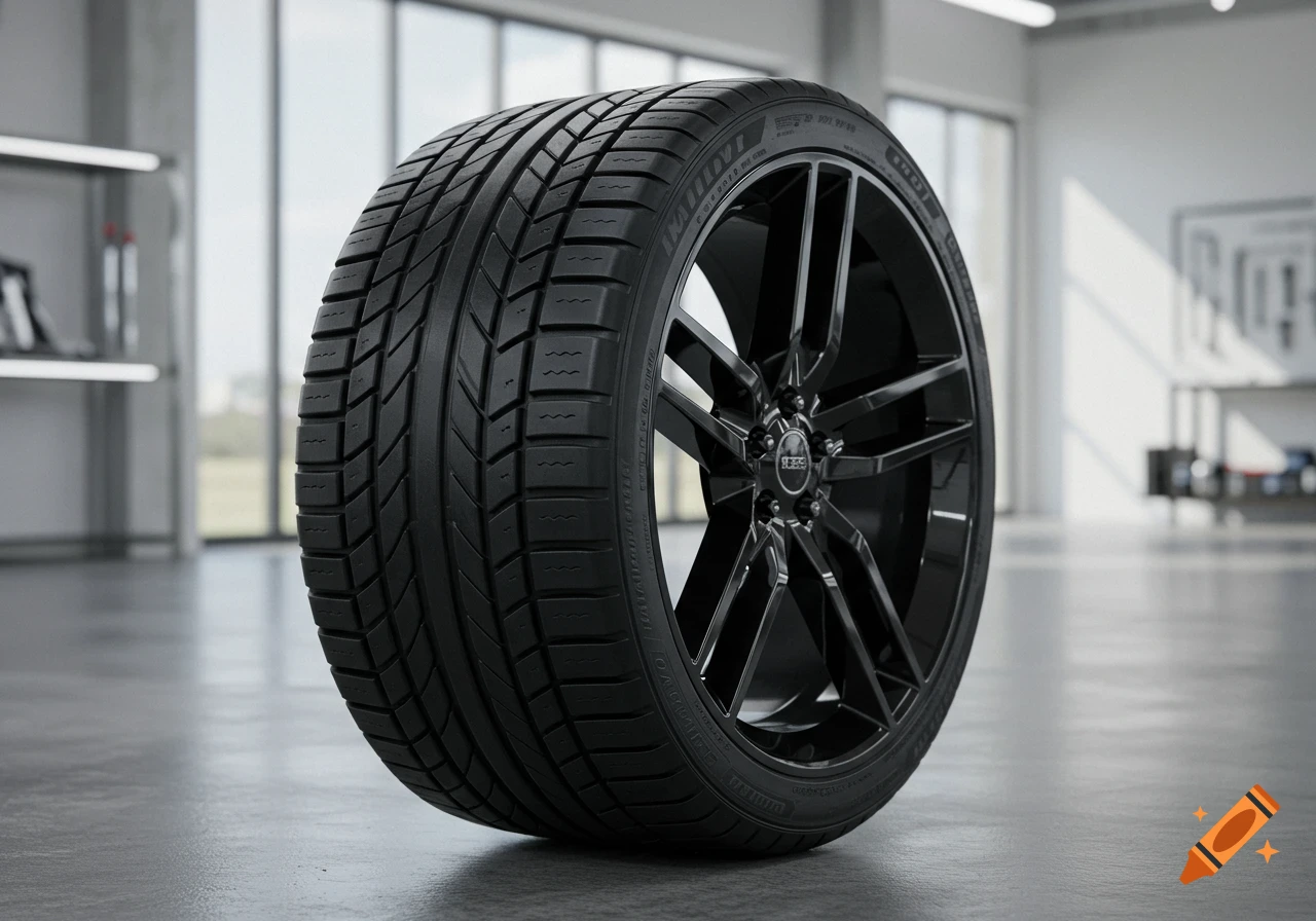 A black car tire with a glossy black multi-spoke wheel stands on a concrete floor in a modern, brightly lit showroom.
