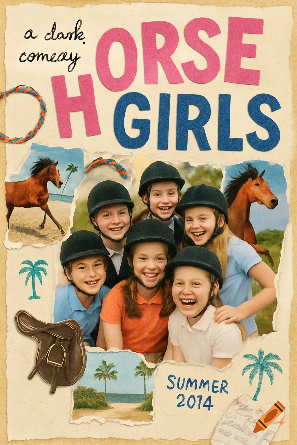 Scrapbook poster for "Horse Girls" with smiling girls in helmets, horses, and palm trees. Text includes "a dark comeay" and "SUMMER 2014".