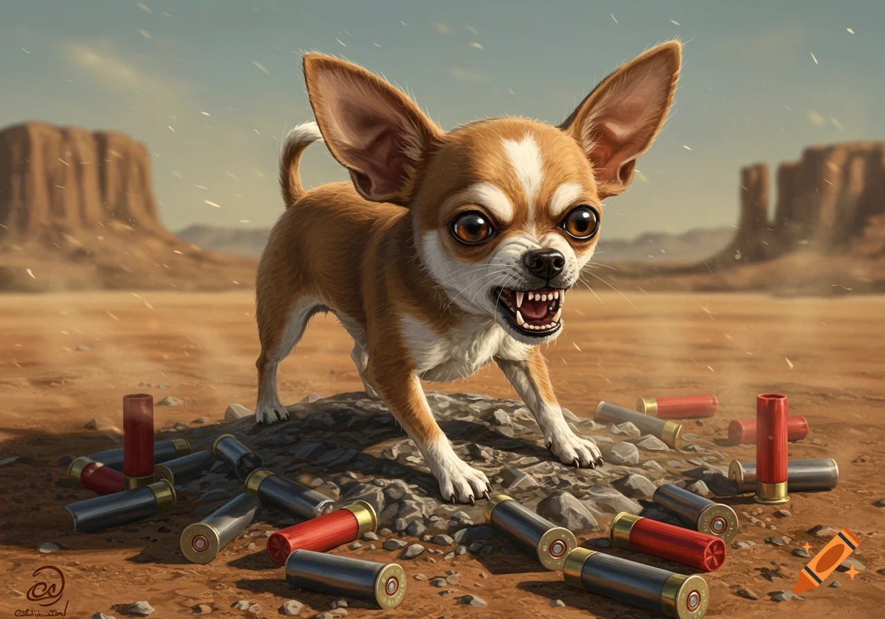 An angry chihuahua with bared teeth stands on a pile of empty shotgun shells in a desert, in a detailed illustration.