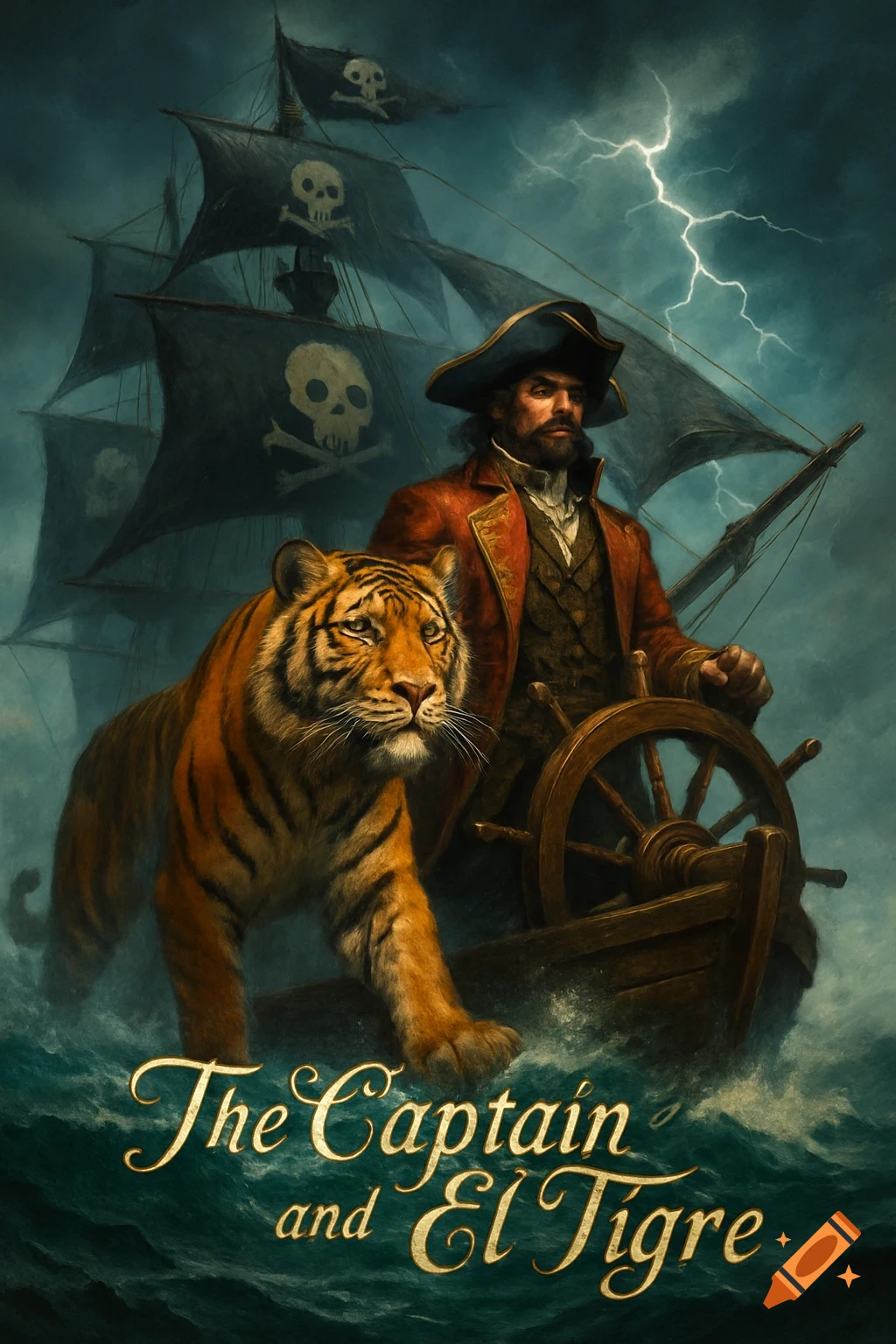 A dramatic illustration of a pirate captain and a tiger on a boat in a stormy sea with a pirate ship. Text reads 'The Captain and El Tigre'.