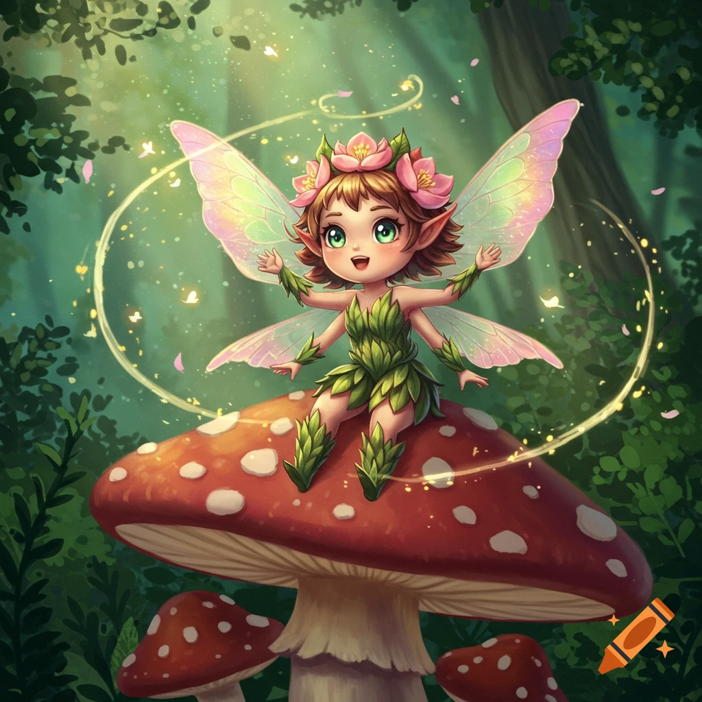 A cute, chibi-style, four-armed fairy with pink wings and flower crown, wearing a green leafy outfit, sits on a large red mushroom in a magical forest.