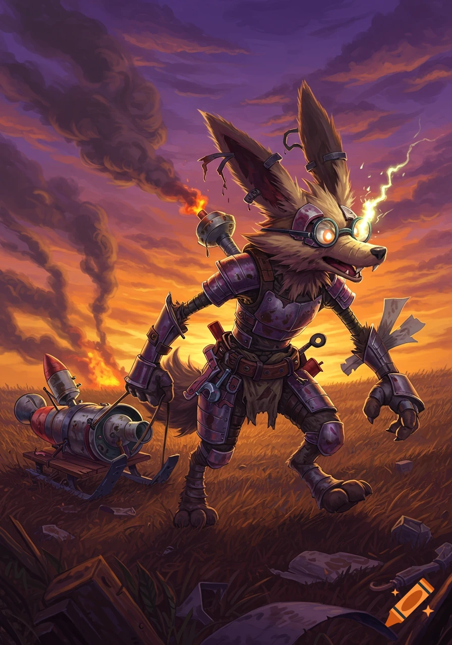 A cartoonish, armored coyote-like creature with goggles pulls a rocket sled through a grassy field at sunset. Steampunk style.