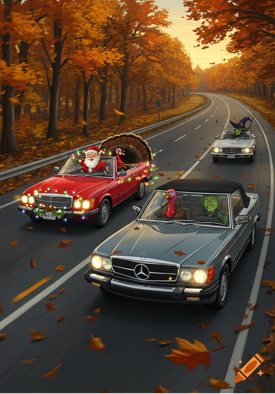An autumnal highway scene with three classic Mercedes convertible cars. Santa and a turkey drive a red car decorated with Christmas lights. A second turkey and a green-faced witch drive a grey car, while another witch drives a silver car further behind.