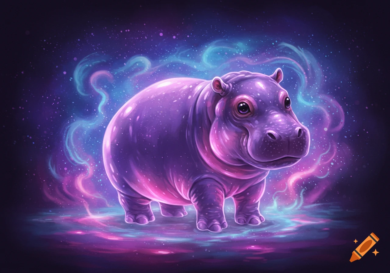 A cute, glowing purple pygmy hippo stands amidst swirling blue and pink cosmic plasma and stars.