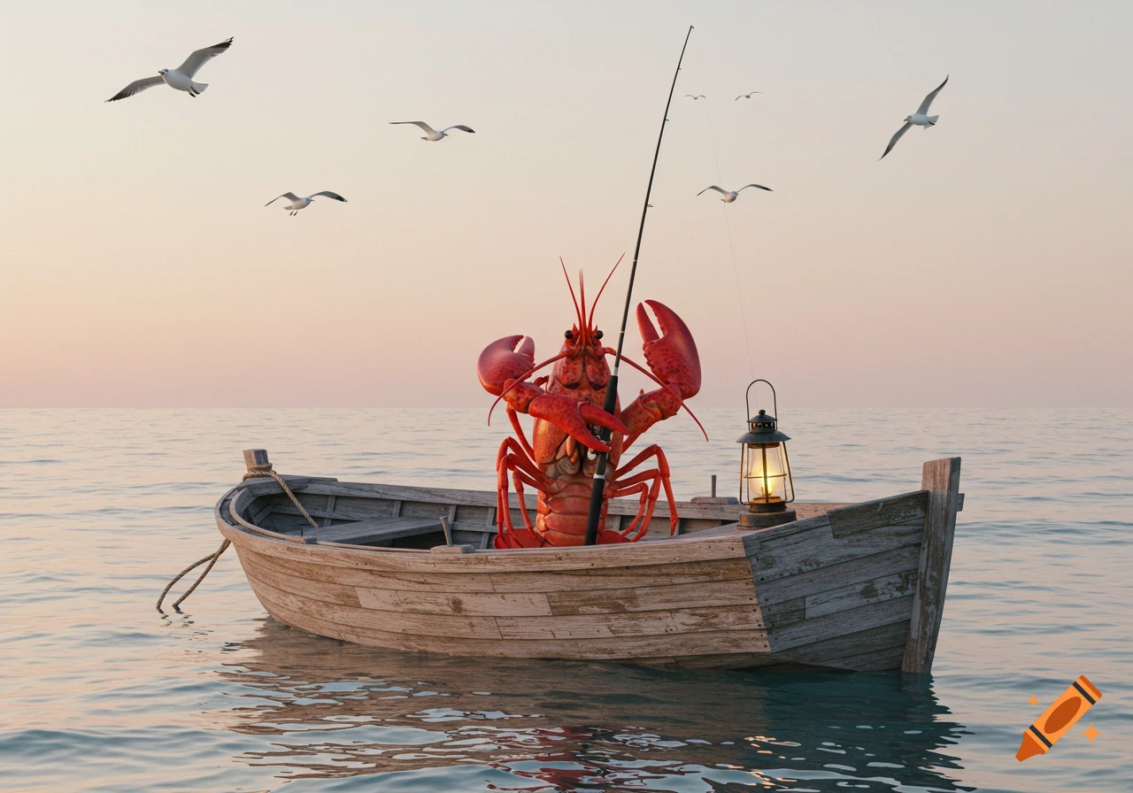 A large red lobster stands in a wooden fishing boat on calm ocean water at sunset, holding a fishing rod, with seagulls flying in the pastel sky.