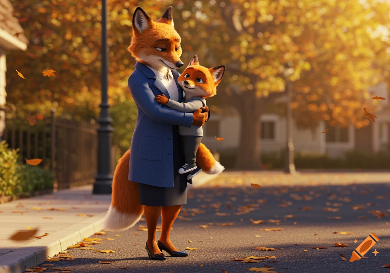 Animated anthropomorphic fox mother in a blue coat holding her son on an autumn street with falling leaves.