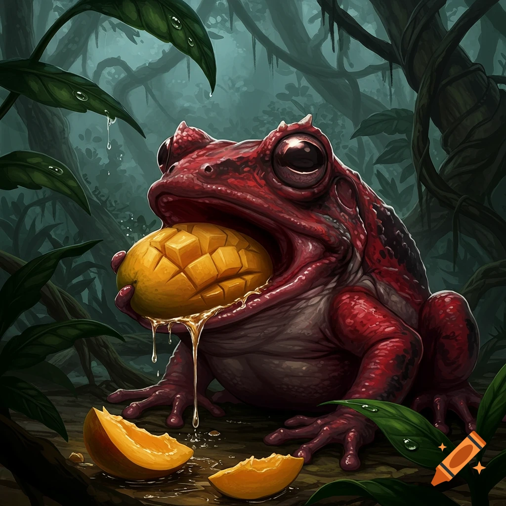 A red frog with large eyes eats a mango in a dark jungle, juice dripping. Detailed fantasy illustration.