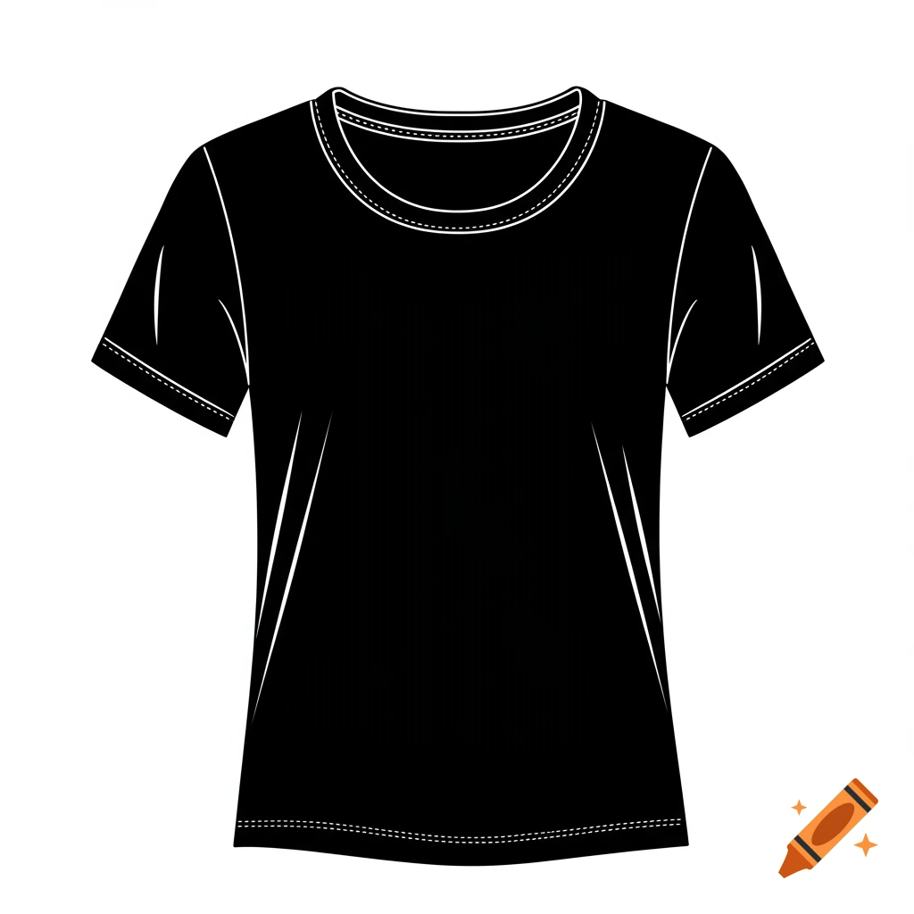 Black short-sleeve t-shirt line drawing with white outlines on a white background.
