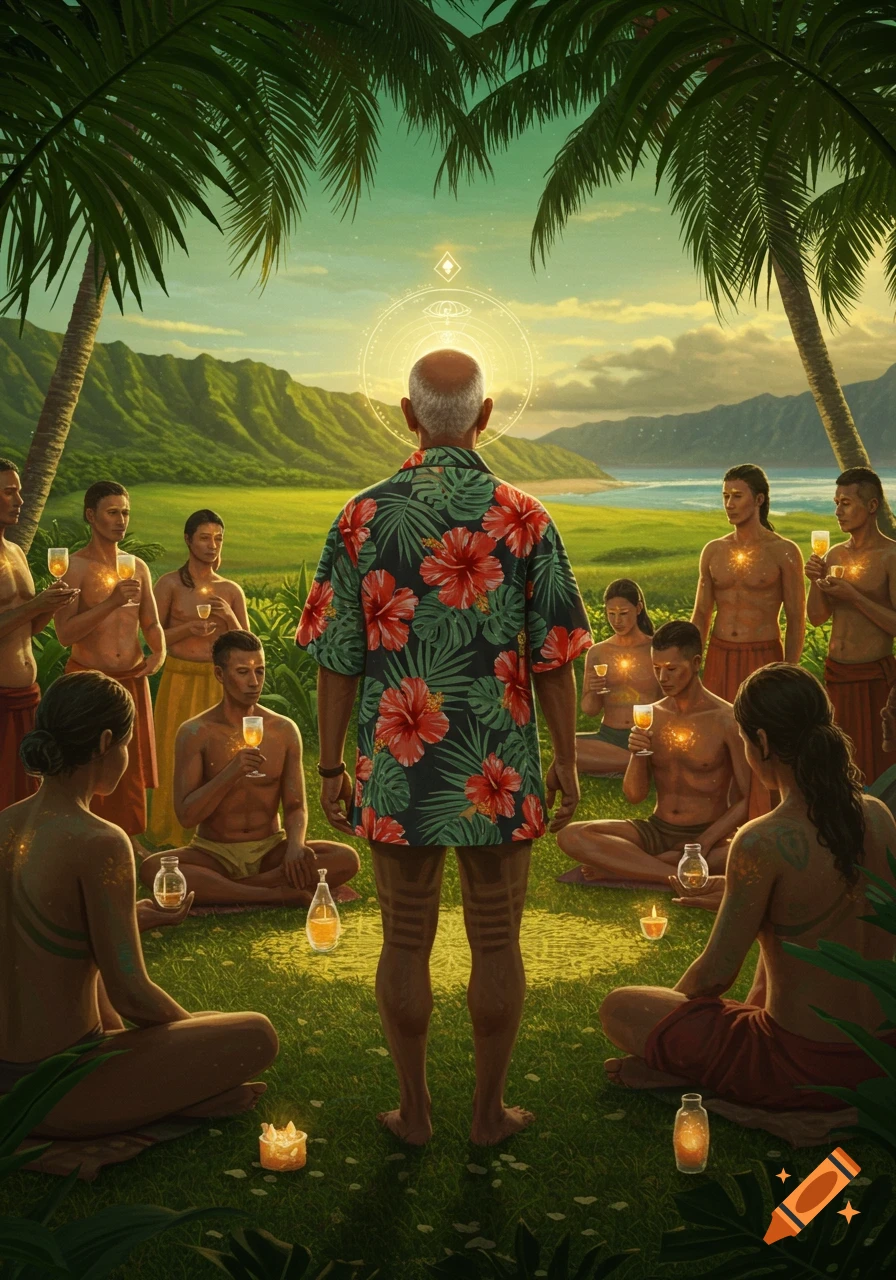 A sage in a Hawaiian shirt faces a group of people drinking glowing liquid in a lush tropical setting with mountains and ocean.