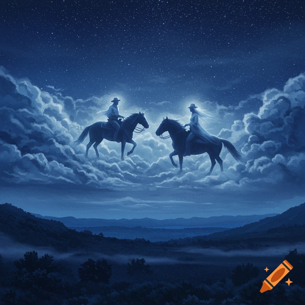 Two silhouetted figures on horseback ride through swirling clouds under a starry blue night sky, with a dark valley below. The figures glow faintly.