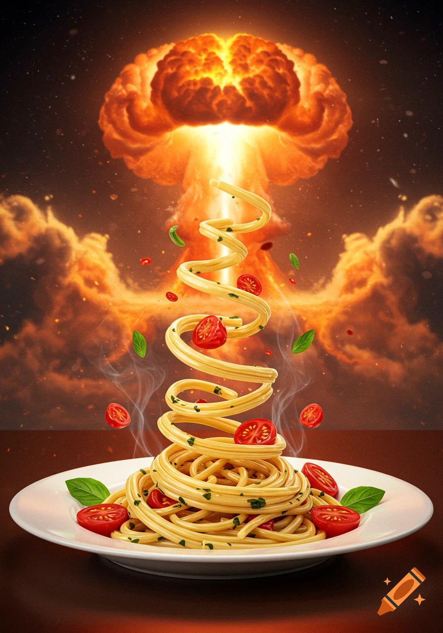 Spaghetti on a plate with spiraling noodles topped with tomatoes and basil, set against a fiery atomic bomb explosion background.