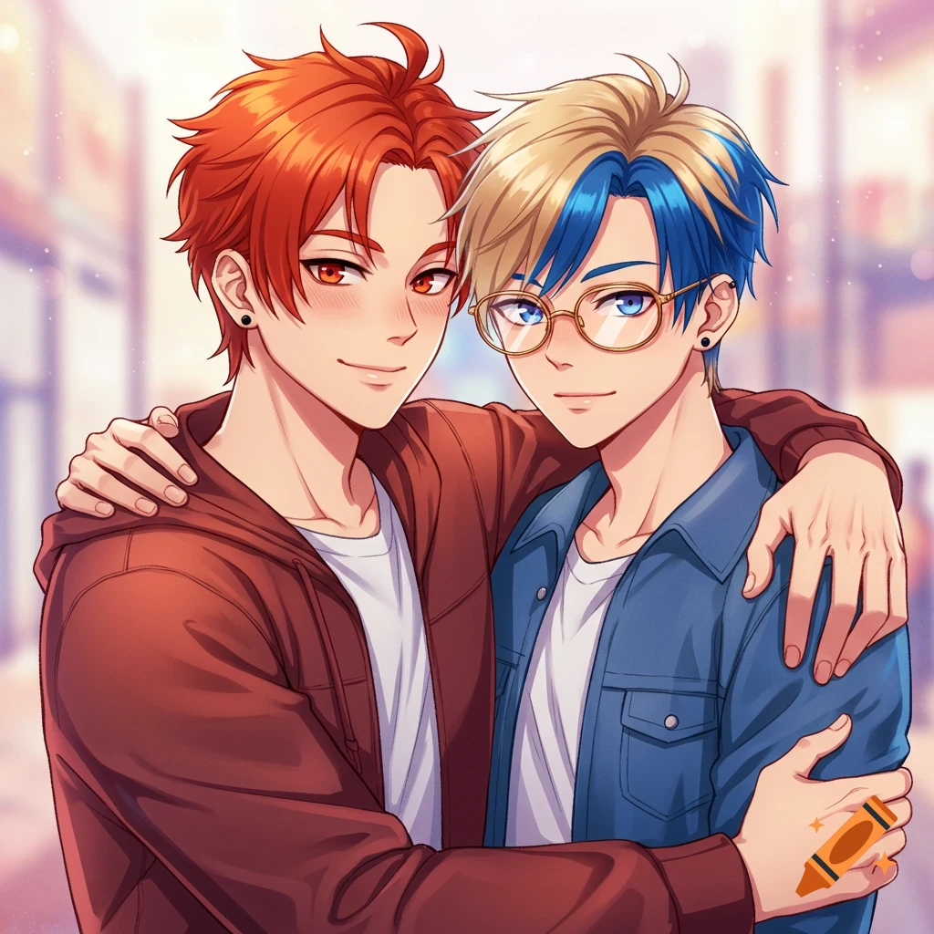 Two anime-style young men embracing, one with red hair, the other with blonde hair and blue highlights and glasses, smiling.