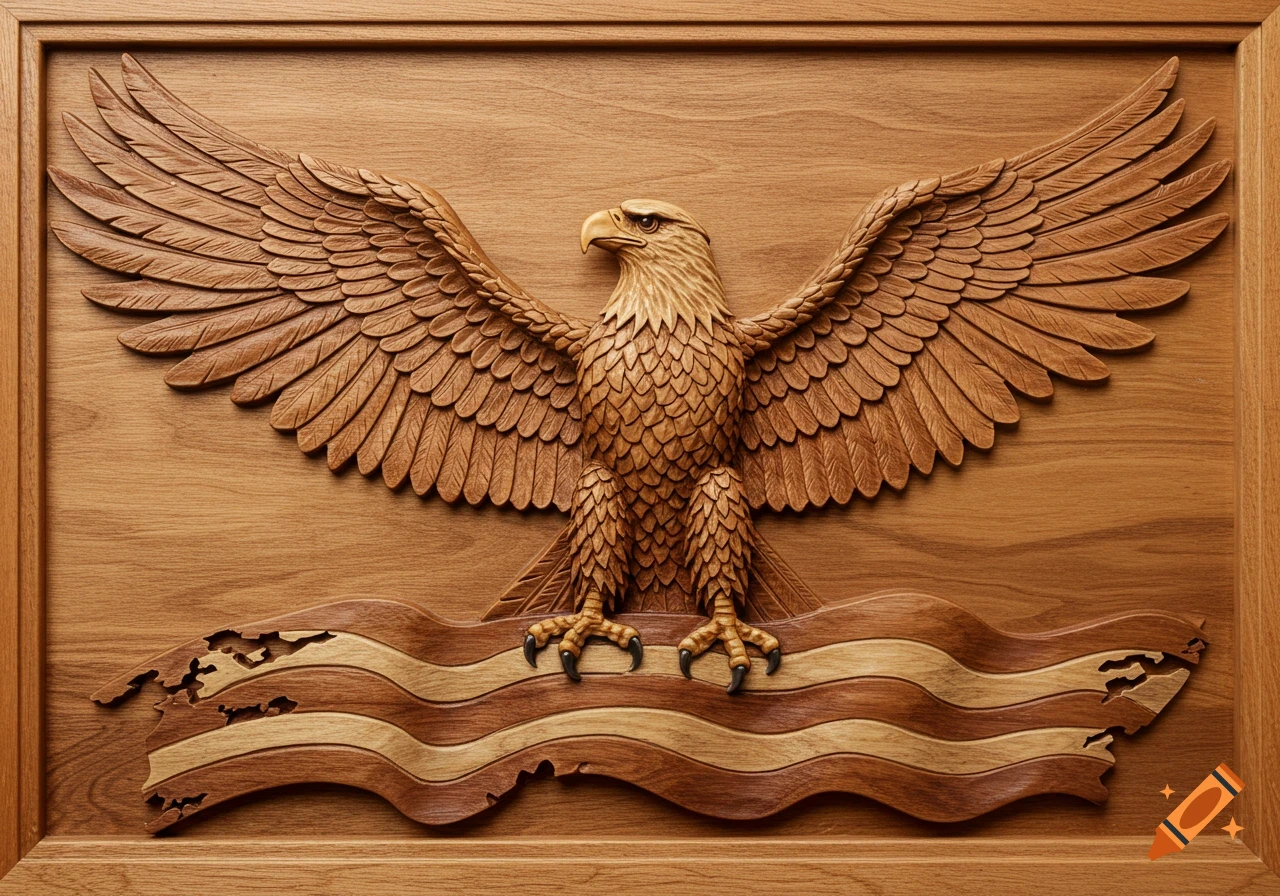 Detailed wood relief carving of a bald eagle with outstretched wings perched above a wavy, two-toned wooden flag design.